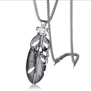 Platinum Plated Titanium Feather With Skull Embellishment Punk Bohemian Necklace